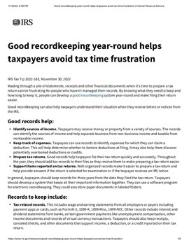 Click for Good recordkeeping year-round helps taxpayers avoid tax time frustration 